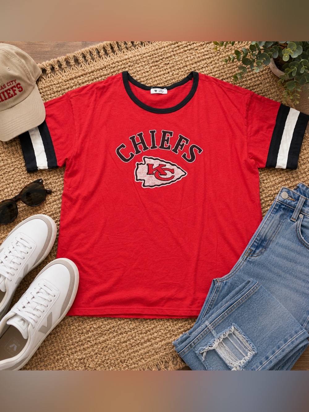 ’47 Kansas City Chiefs Ringer Graphic Tee XL Red Black Striped Sleeve NFL